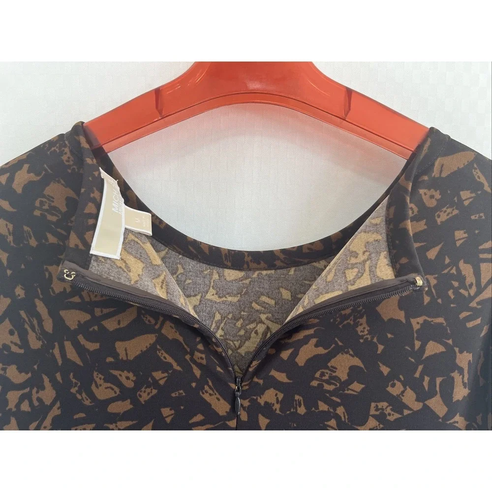 Michael Kors Abstract Print Drop Waist Pleated Dress Brown Black Medium
